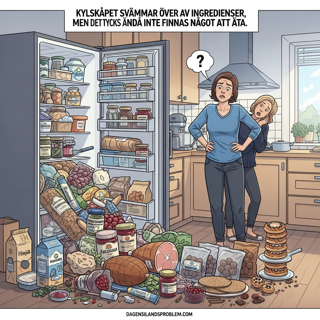 Kylskåpet svämmar över av ingredienser, men det tycks ändå inte finnas något att äta.